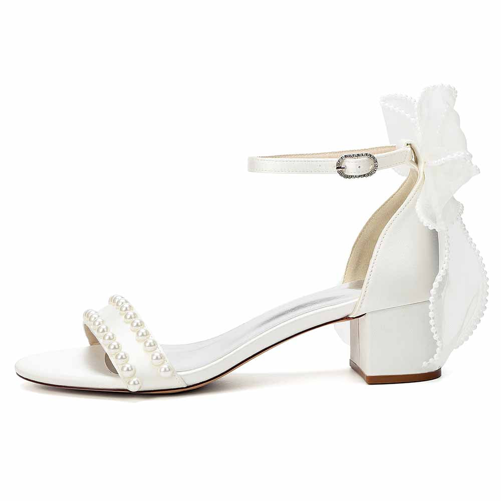 Women's Pearl Bridal Sandals with Bowknot, Block Heel Ankle Strap Wedding Shoes