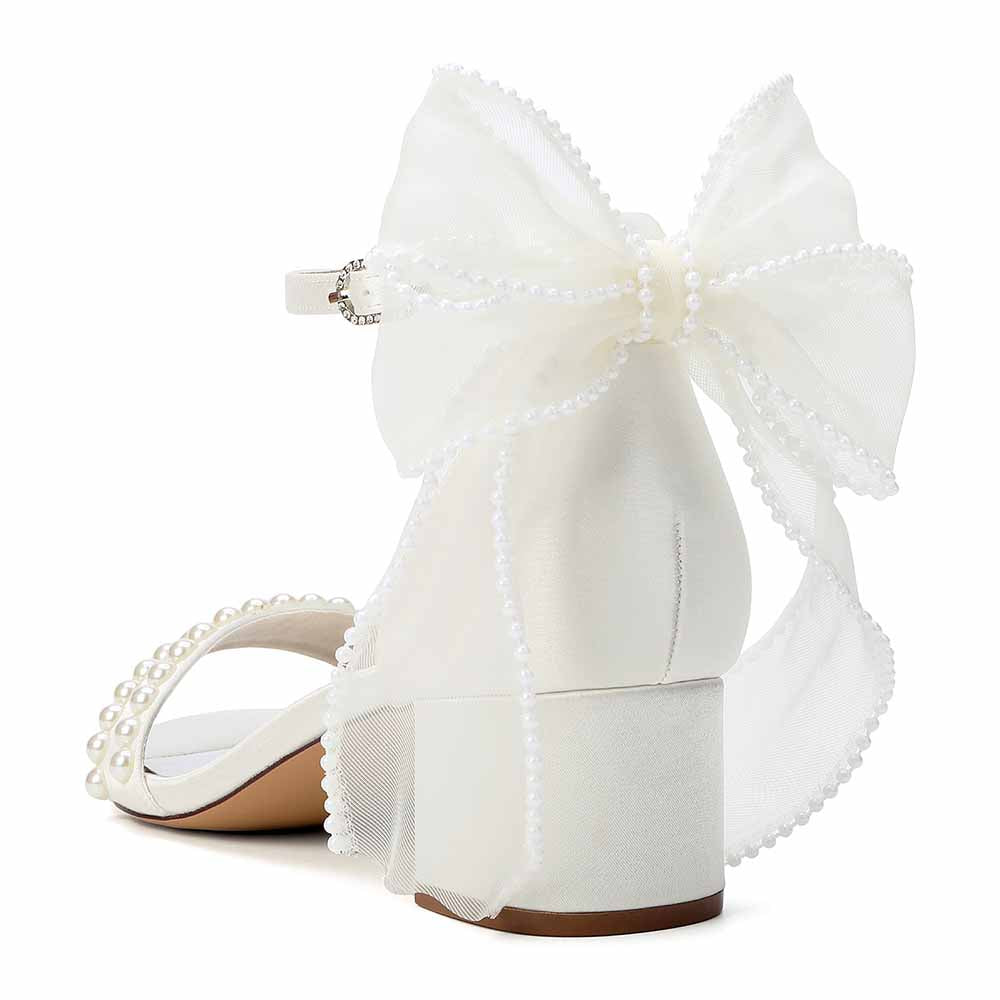 Women's Pearl Bridal Sandals with Bowknot, Block Heel Ankle Strap Wedding Shoes