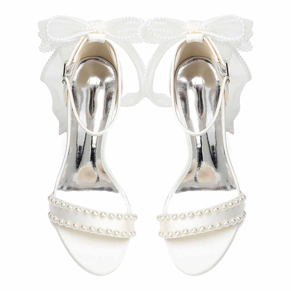 Women's Pearl Bridal Sandals with Bowknot, Block Heel Ankle Strap Wedding Shoes