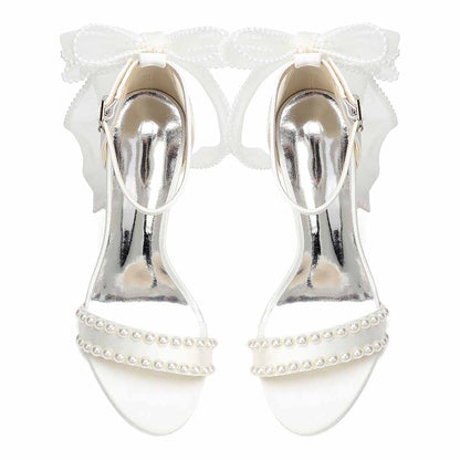 Women's Pearl Bridal Sandals with Bowknot, Block Heel Ankle Strap Wedding Shoes