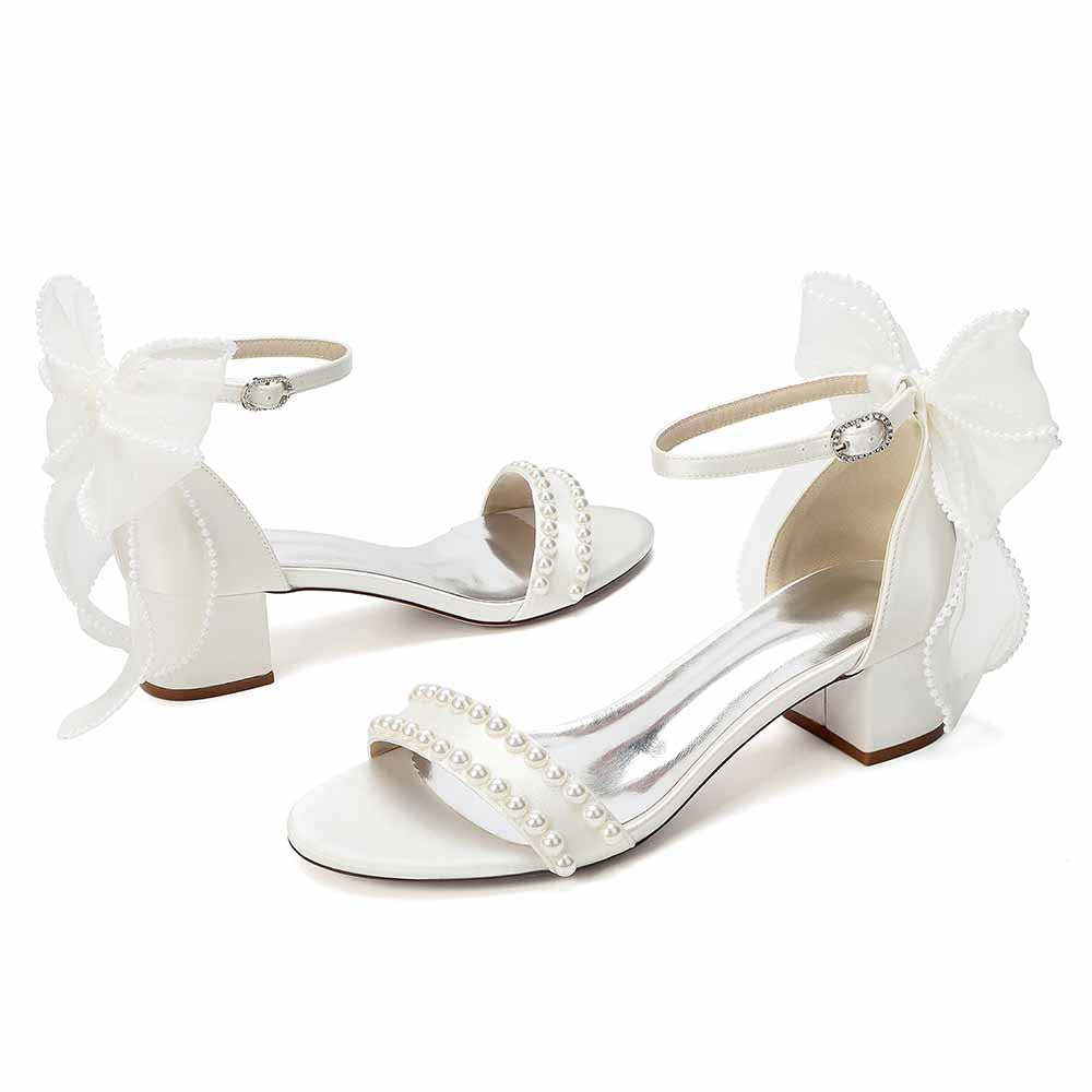 Women's Pearl Bridal Sandals with Bowknot, Block Heel Ankle Strap Wedding Shoes