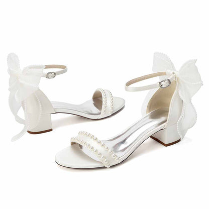 Women's Pearl Bridal Sandals with Bowknot, Block Heel Ankle Strap Wedding Shoes