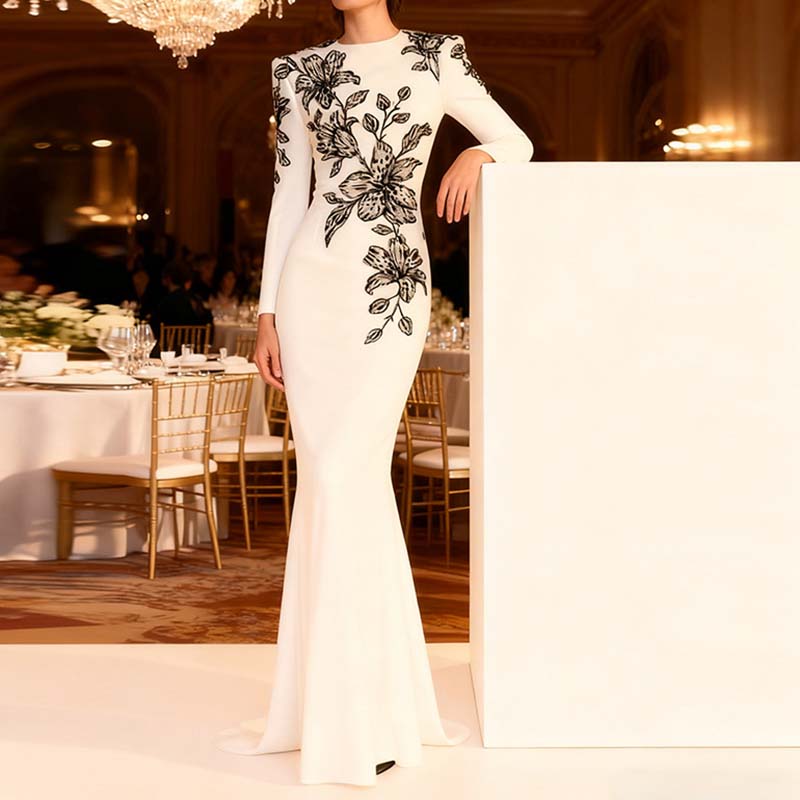 Elegant sd-hk embellished evening gown for prom featuring floral detailing and a fitted silhouette