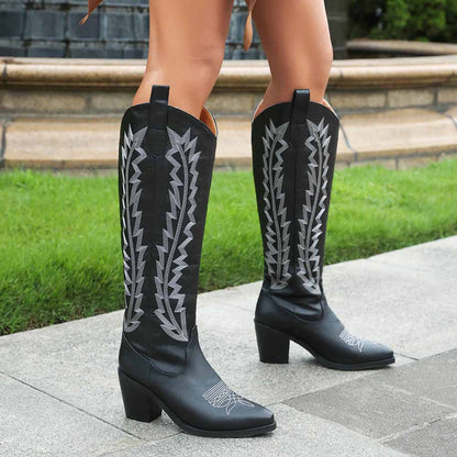 Black embroidered cowgirl boots for women with stylish silver patterns and high heels