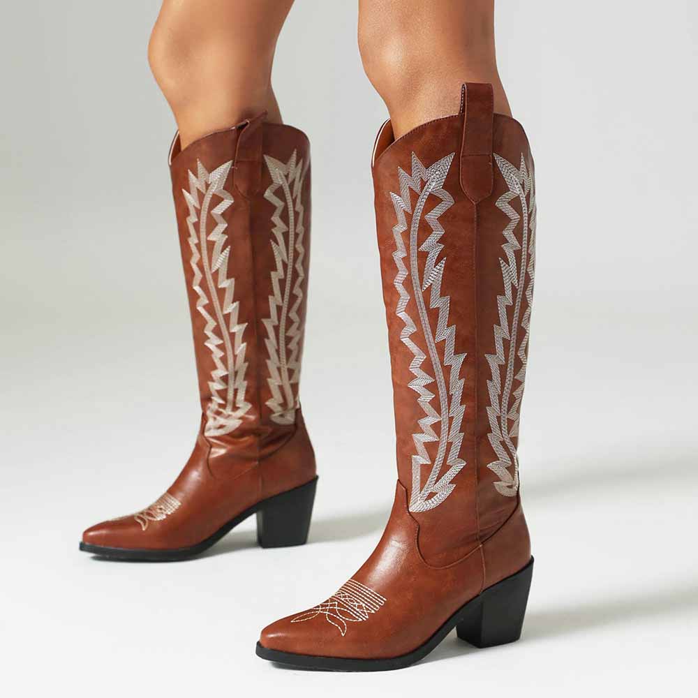 Brown embroidered cowgirl boots for women with stylish western design and high heels