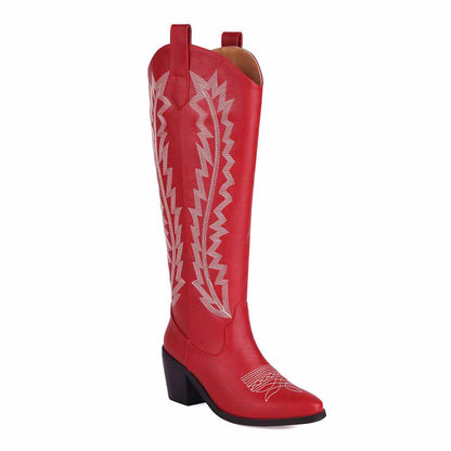 Bold red embroidered cowgirl boots for women with intricate designs and stylish pointed toe