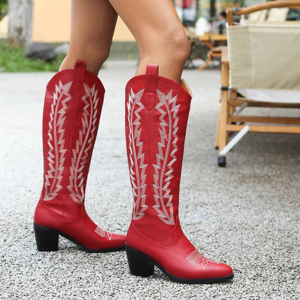 Stylish red embroidered cowgirl boots for women with a chic high heel design
