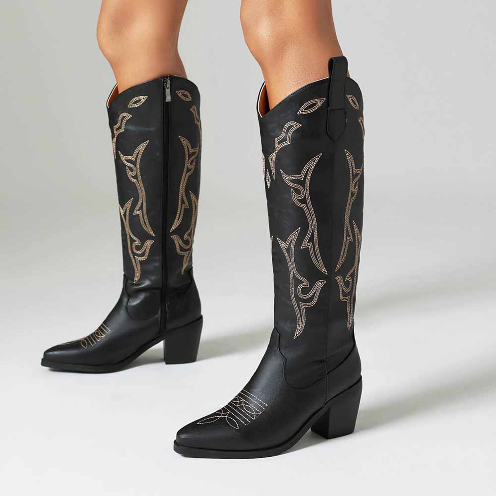 Black embroidered knee high boots for women with decorative stitching and stylish heel