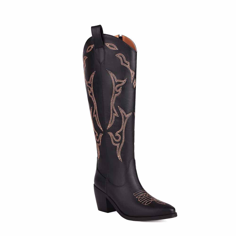 Elegant embroidered knee high boots for women with stylish detailing and a comfortable heel