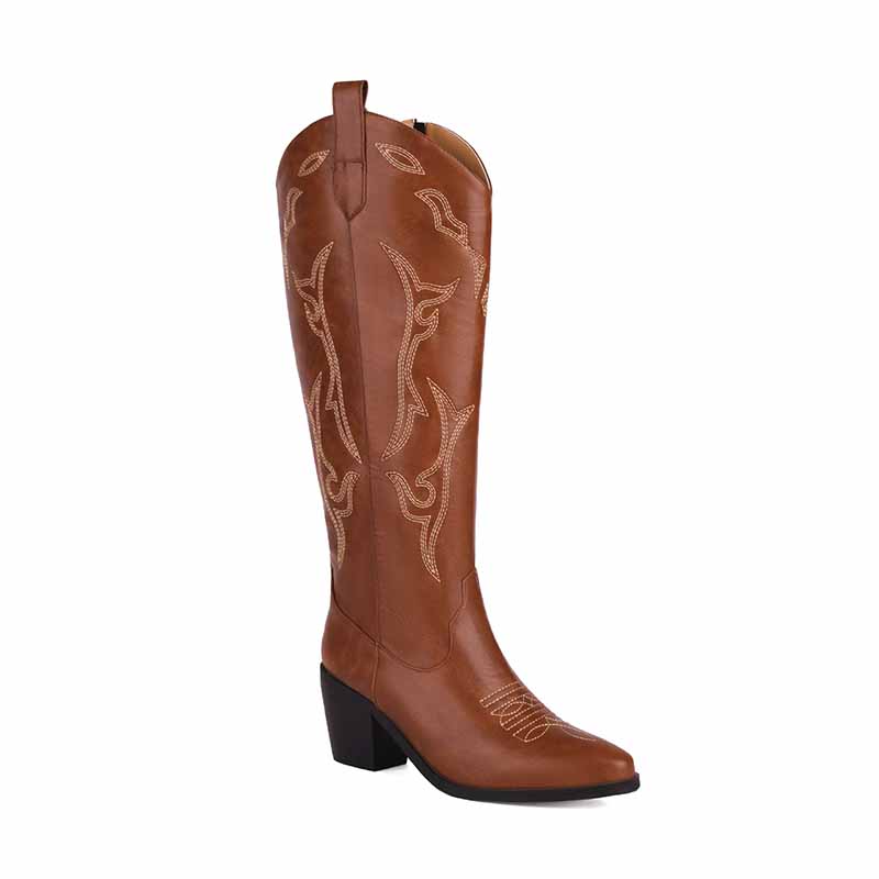 Embroidered knee high boots for women in brown leather with stylish detailing and block heel