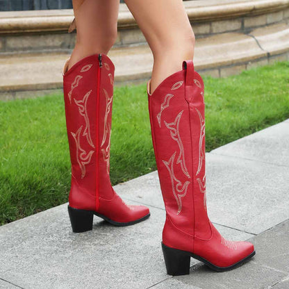 Red embroidered knee high boots for women with elegant detailing and a stylish block heel
