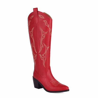 Red embroidered knee high boots for women with stylish design and comfortable fit