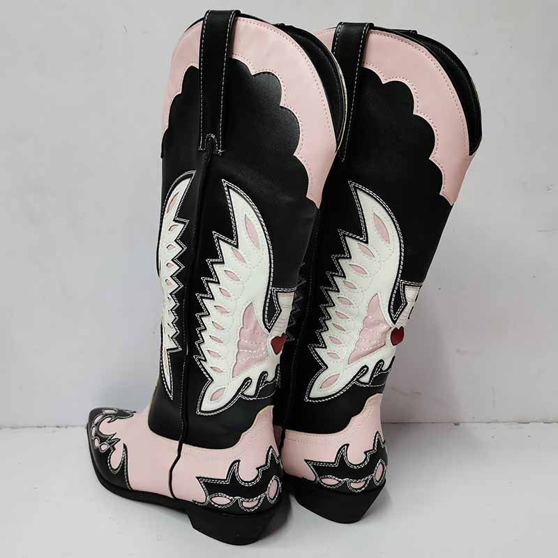 Embroidered western cowboy boots for women in black and pink with decorative bird design