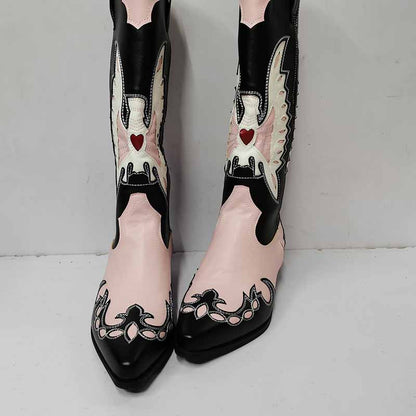 Pink and black embroidered western cowboy boots for women with intricate designs and pointed toes