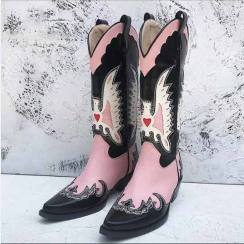 Pink and black embroidered western cowboy boots for women with wing design and pointed toe
