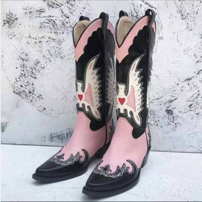 Pink and black embroidered western cowboy boots for women with wing design and pointed toe