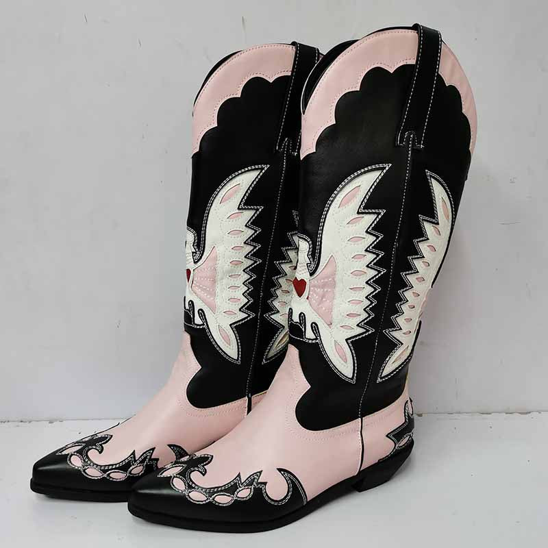 Stylish pink and black embroidered western cowboy boots for women with unique eagle design