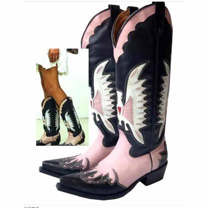 Embroidered western cowboy boots for women in black and pink with detailed designs and pointed toe