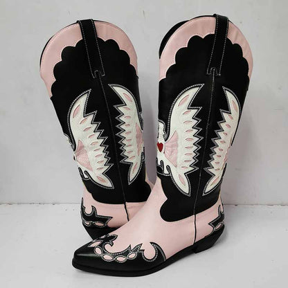 Embroidered western cowboy boots for women in pink and black with decorative designs