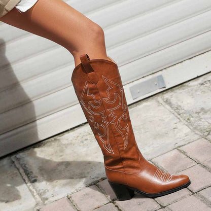 Women Knee High Western Boots Cowgirl Boots with Classic Embroidery