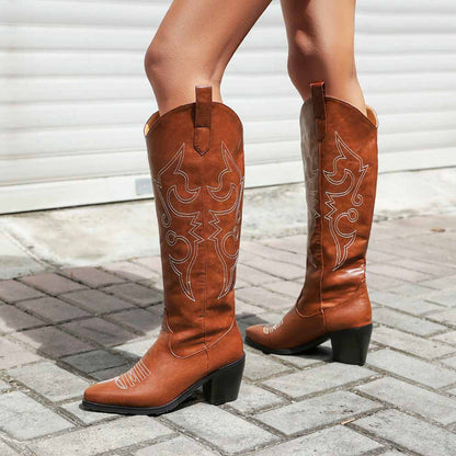 Women Knee High Western Boots Cowgirl Boots with Classic Embroidery
