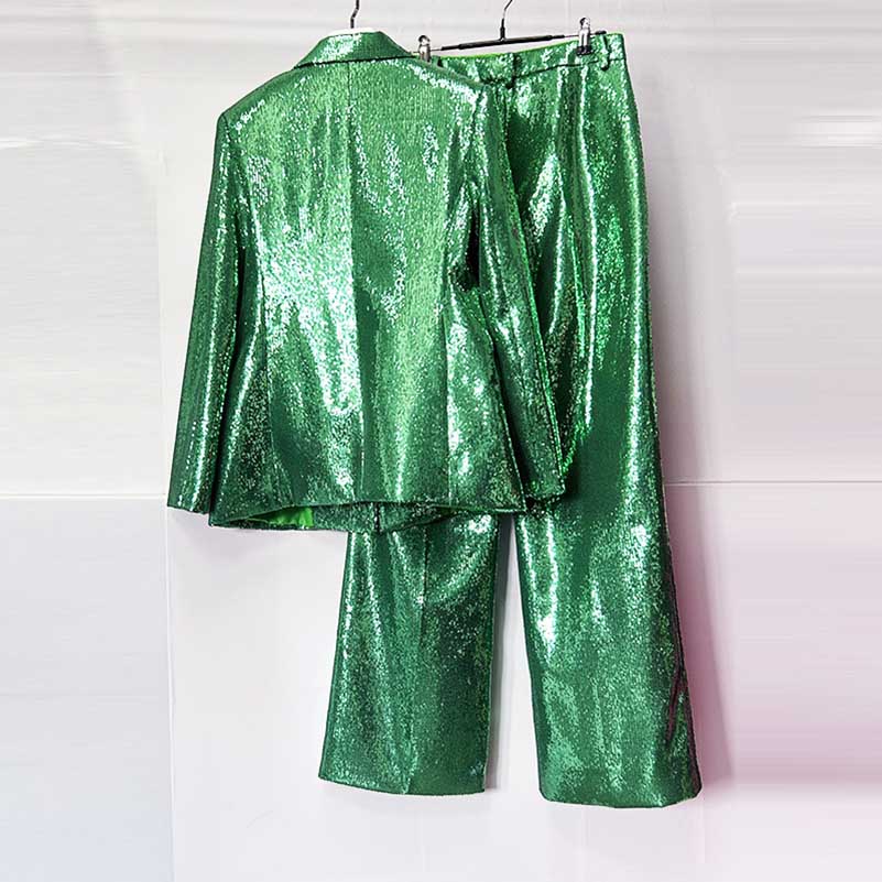Emerald green sequin pantsuit for women featuring a stylish blazer and matching pants