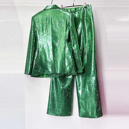 Emerald green sequin pantsuit for women featuring a stylish blazer and matching pants