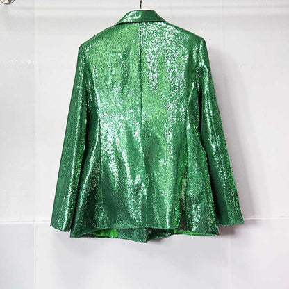 Back view of emerald green sequin pantsuit for women with a shiny, stylish finish