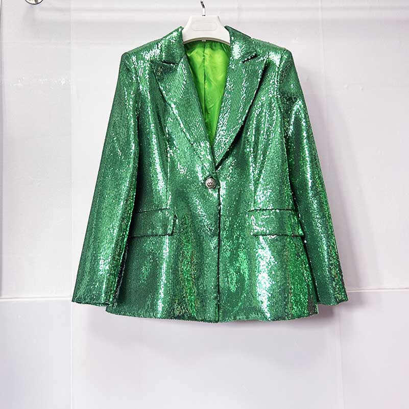 Emerald green sequin pantsuit for women featuring a stylish blazer with a shiny finish