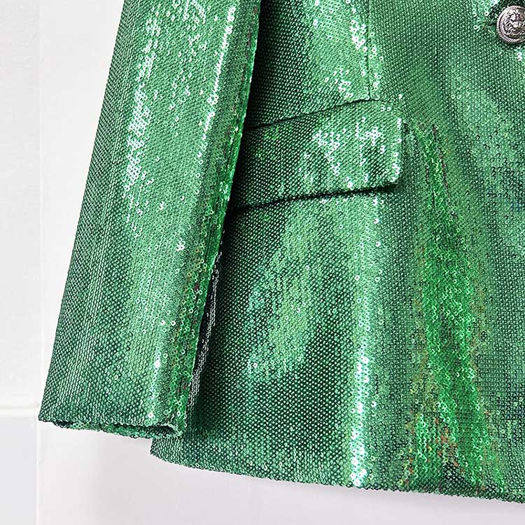 Emerald green sequin pantsuit for women featuring a stylish blazer and shimmering fabric