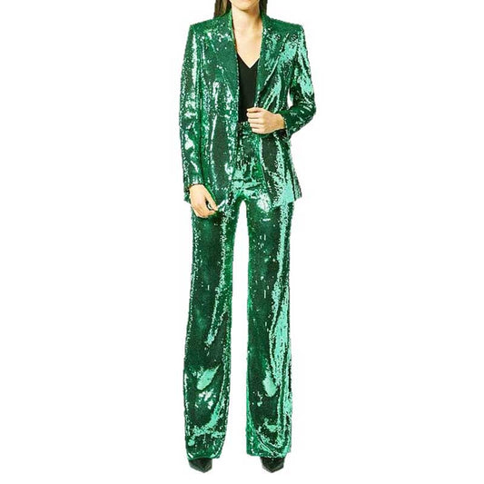 Emerald green sequin pantsuit for women featuring a stylish blazer and flared pants
