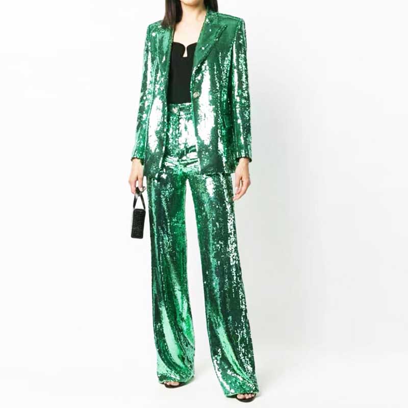 Emerald green sequin pantsuit for women featuring a stylish blazer and wide-leg trousers