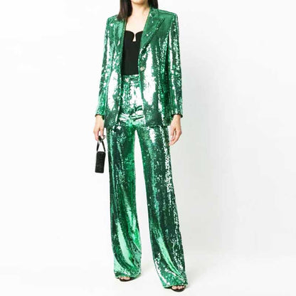 Emerald green sequin pantsuit for women featuring a stylish blazer and wide-leg trousers