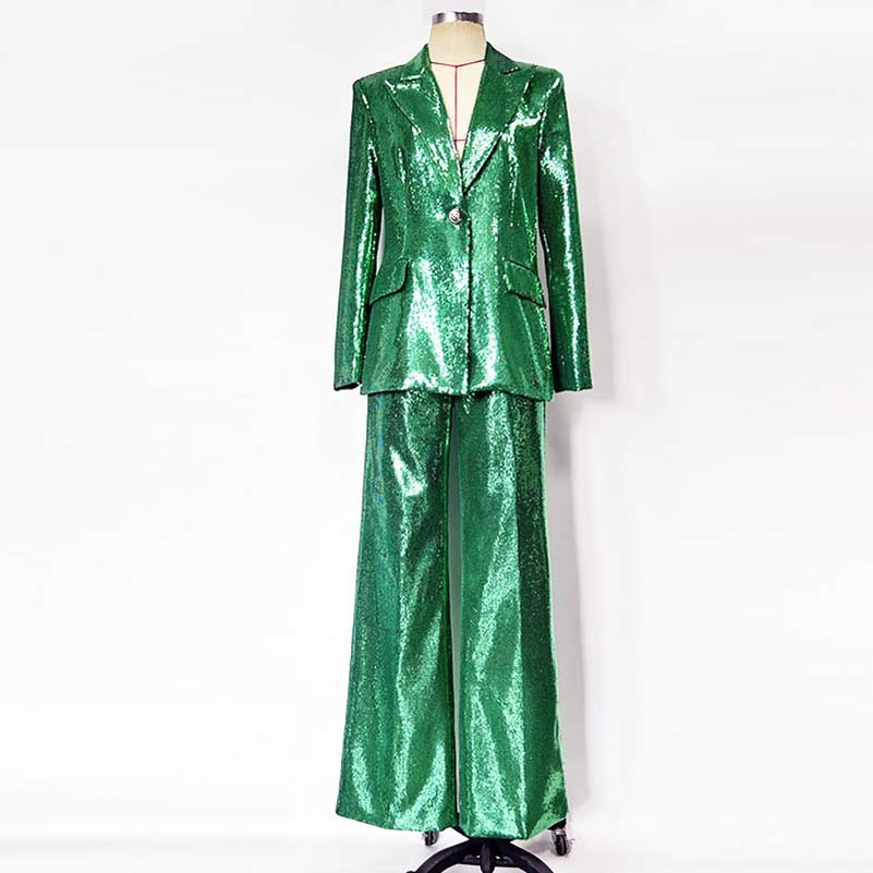 Emerald green sequin pantsuit for women featuring a stylish blazer and wide-leg pants