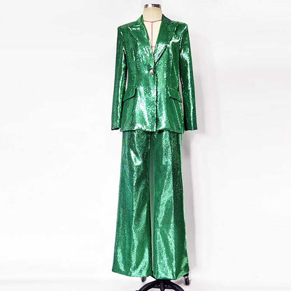 Emerald green sequin pantsuit for women featuring a stylish blazer and wide-leg pants
