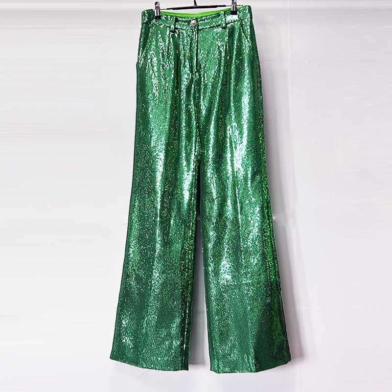 Emerald green sequin pantsuit for women featuring wide-leg design and sparkling finish