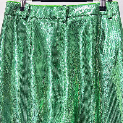 Emerald green sequin pantsuit for women showcasing elegant shimmer and stylish design details