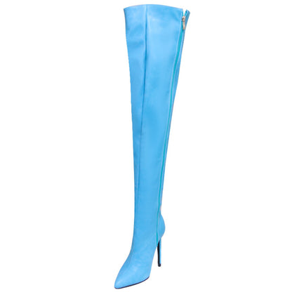Stylish blue women's over the knee boots with a sleek design and high stiletto heel
