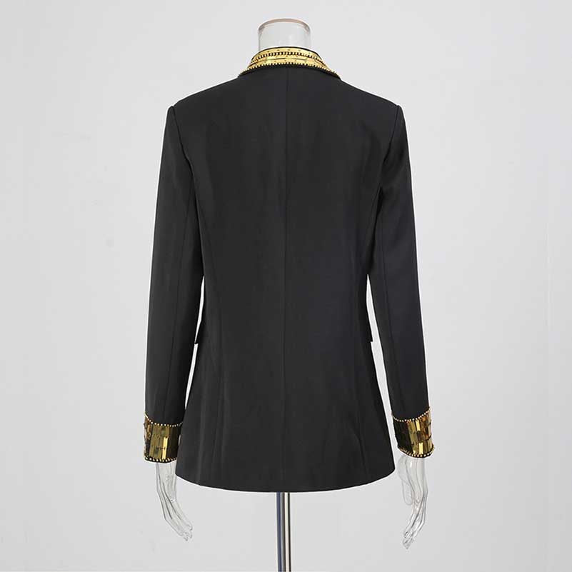 Back view of sd-hk evening sequin blazer jacket featuring gold embellished cuffs and sleek design