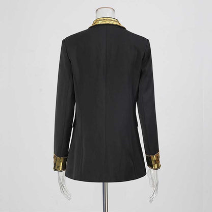 Back view of sd-hk evening sequin blazer jacket featuring gold embellished cuffs and sleek design