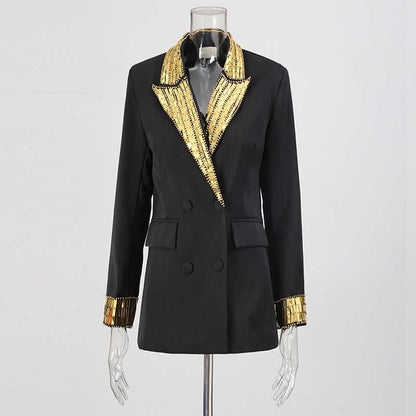 Stylish evening sequin blazer jacket with gold embellishments on the collar and sleeves