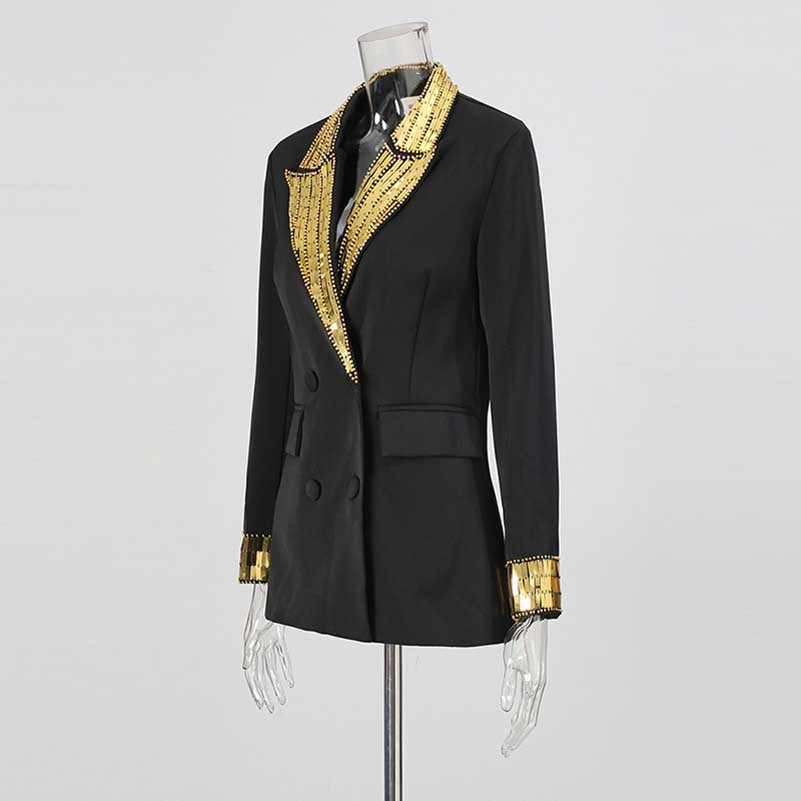 Stylish evening sequin blazer jacket with gold accents and a tailored fit for elegant occasions