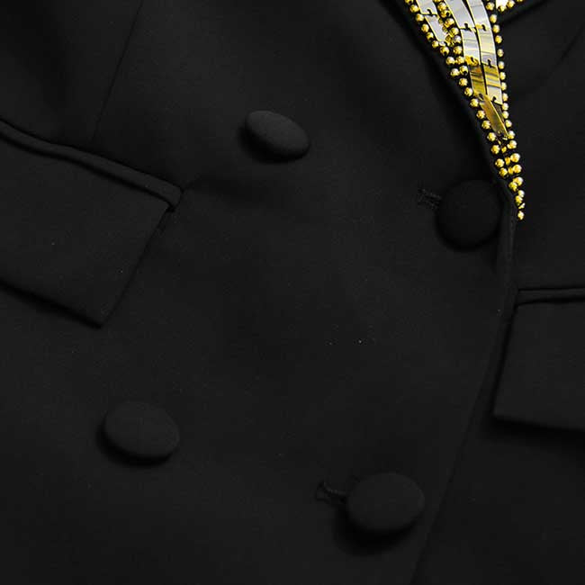 Close-up of SD-HK evening sequin blazer jacket featuring gold embellishments and double-breasted design