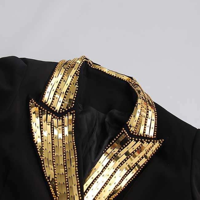 Elegant evening sequin blazer jacket with gold sequined detailing on the collar and lapels