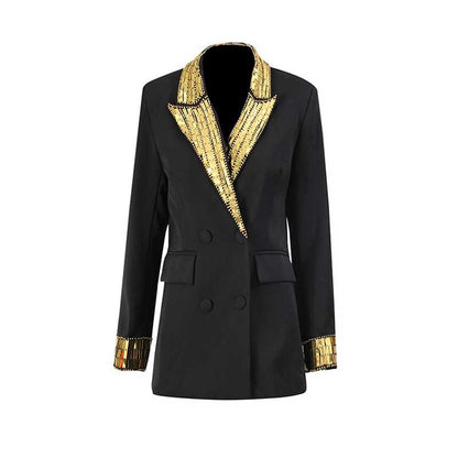 Elegant evening sequin blazer jacket with gold trim and double-breasted design for special occasions