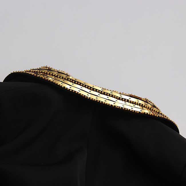 Elegant evening sequin blazer jacket featuring a stylish gold trim along the collar