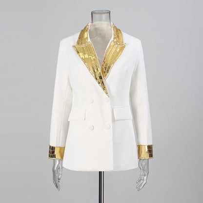 Elegant evening sequin blazer jacket in white with gold accents and a stylish double-breasted design