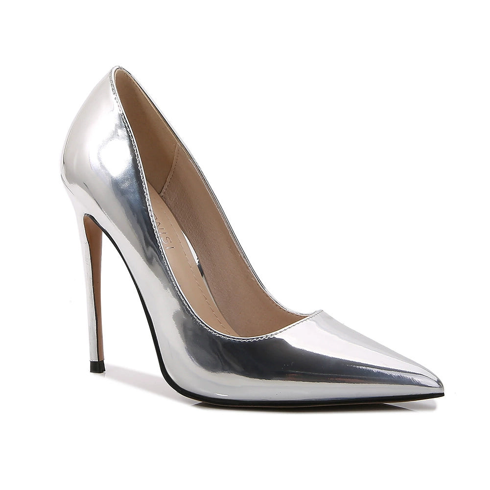 Stylish silver event-ready patent leather pumps with a sleek pointed toe design