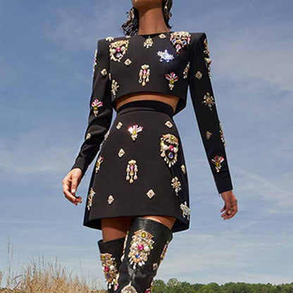 Women's Formal Skirt Suit Fitted nail bead diamond Short Crop Jacket + Mini Skirt Suit
