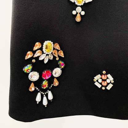 Women's Formal Skirt Suit Fitted nail bead diamond Short Crop Jacket + Mini Skirt Suit